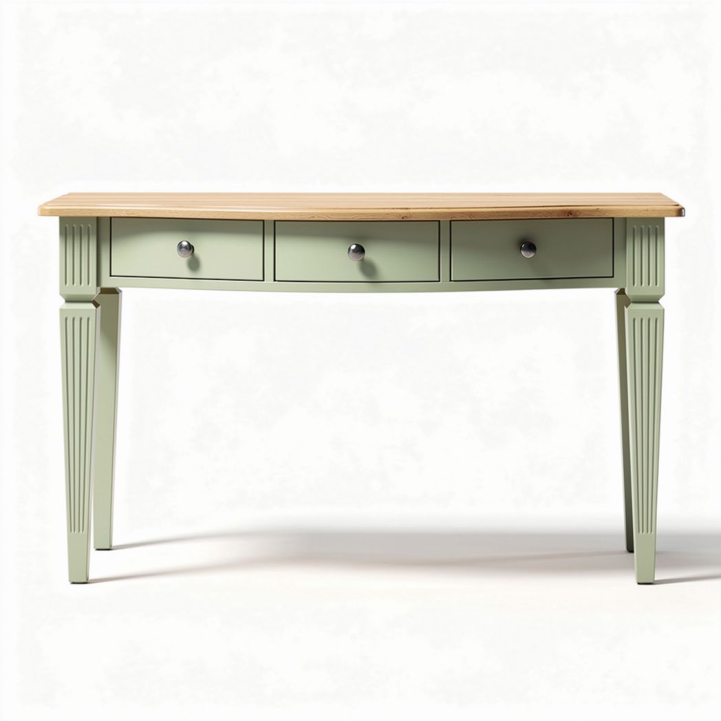Houten bureau met groene verfafwerking en drie lades 100 x 45 x 75cm