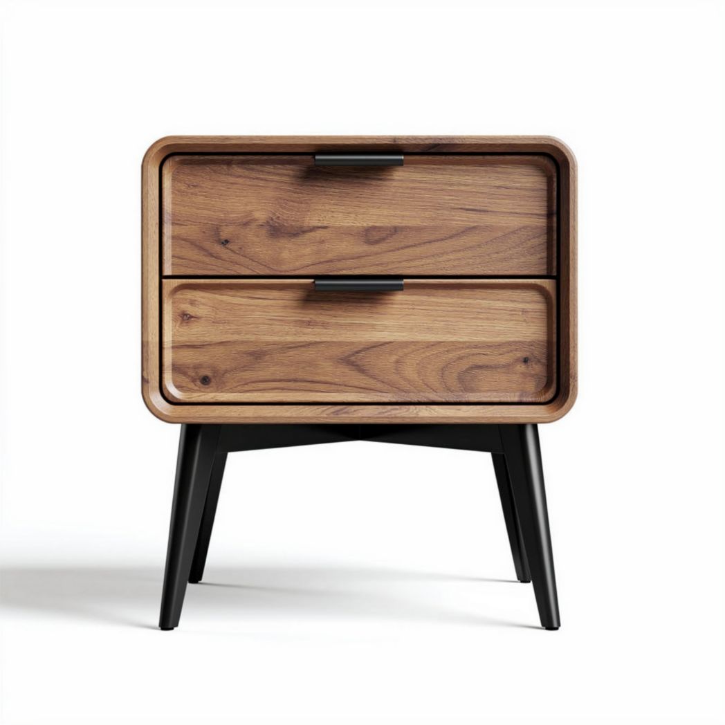 Houten nachtkastje met zwarte poten en twee lades 50 x 40 x 60cm