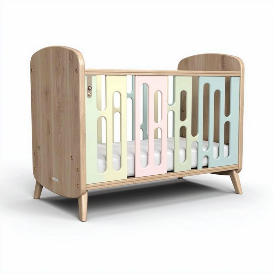 Houten kinderbed met pastelgekleurde panelen 120 x 60 x 90cm