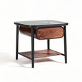 Tafel in zwart glas en walnootdecor met opberglade 45 x 45 x 50cm