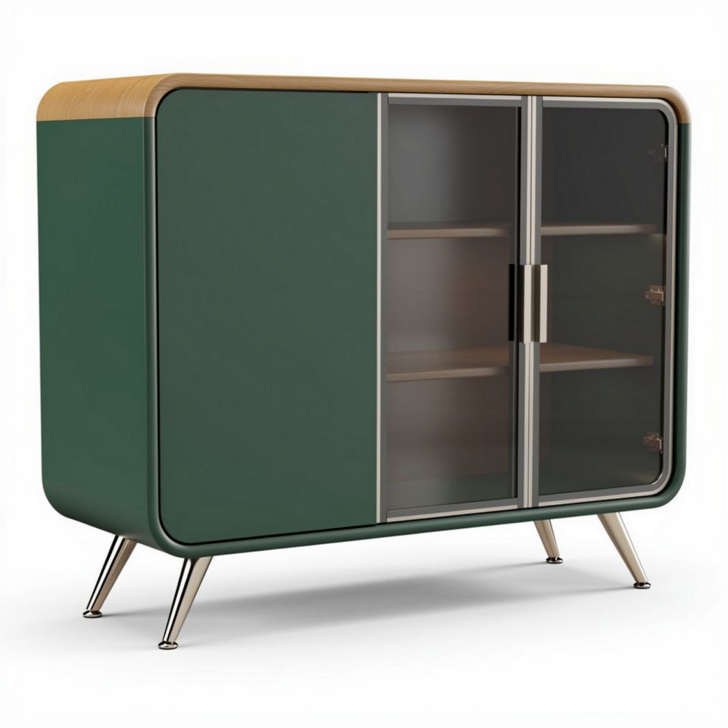 Een modern groen dressoir met glazen deuren en houten bovenblad 120 x 40 x 80cm