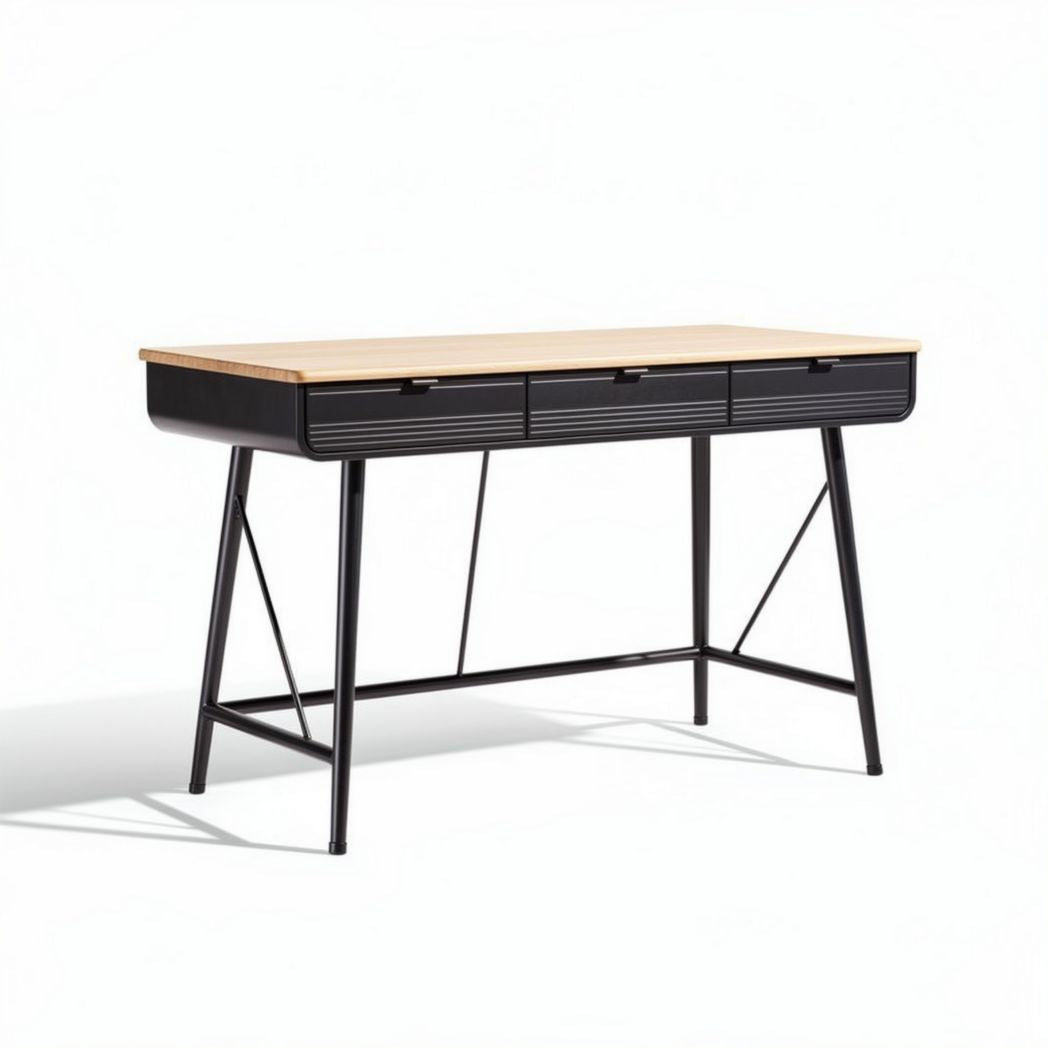 bureau van hout en metaal met vier lades afmeting 120 x 60 x 75cm