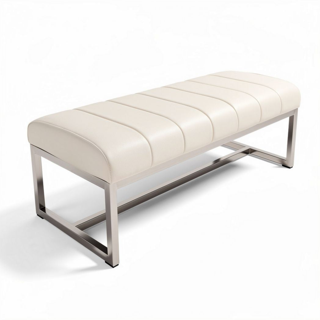 Leren bankje met metalen frame 120 x 40 x 45cm crème kleurig