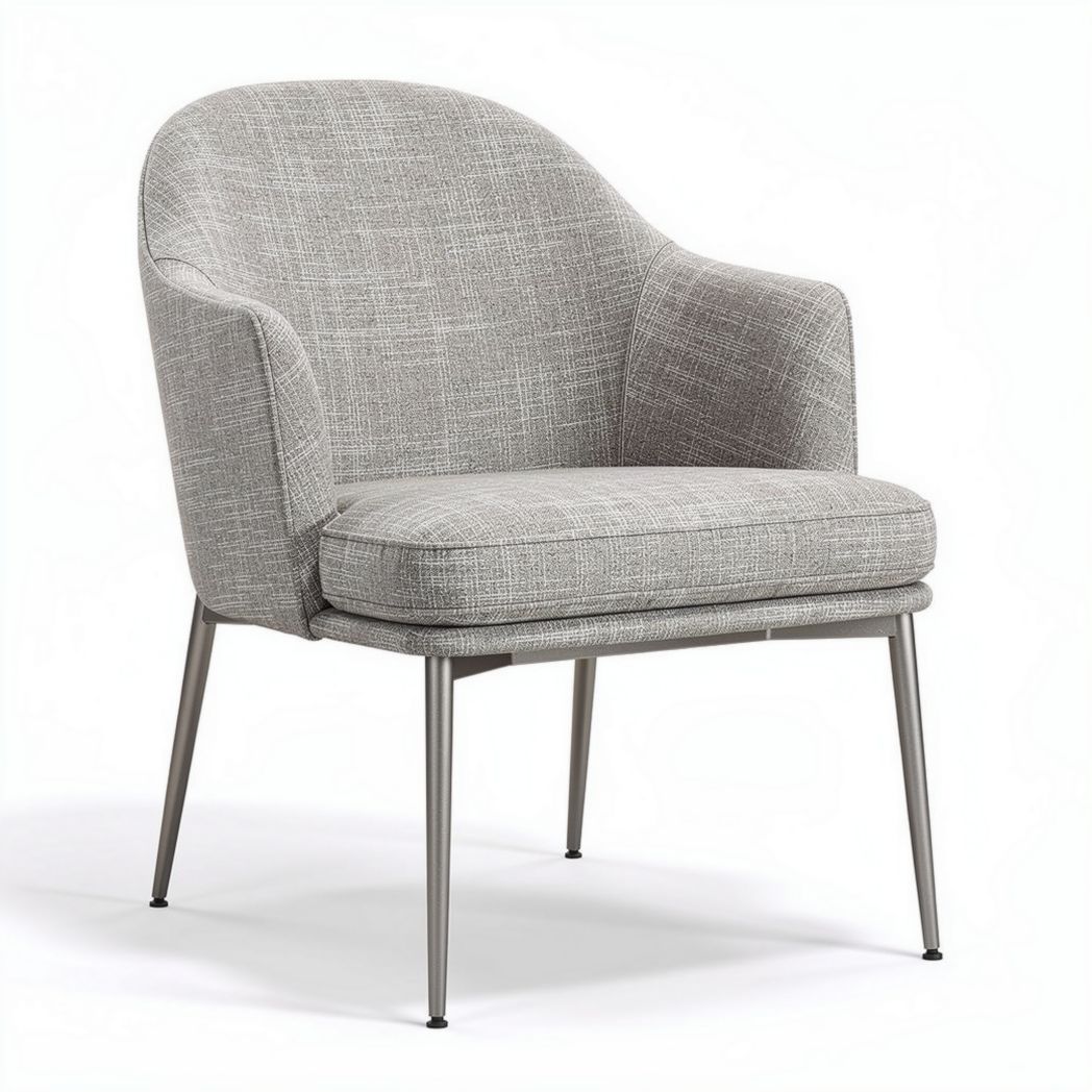 Grijze fauteuil met metalen poten en afmetingen van 70 x 70 x 80 cm